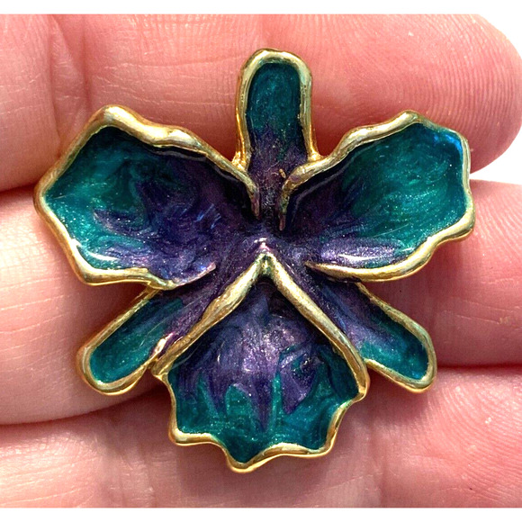 Vintage Gold Flower Brooch 1980’s Green & Blue Swirl Enamel Pin Naturalist Flora - Picture 7 of 7